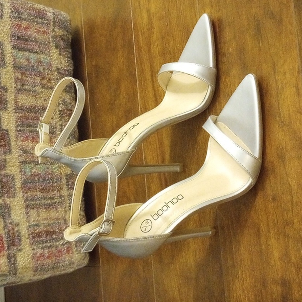 Boohoo silver ankle strap heels size 38 size 7 size 7.5